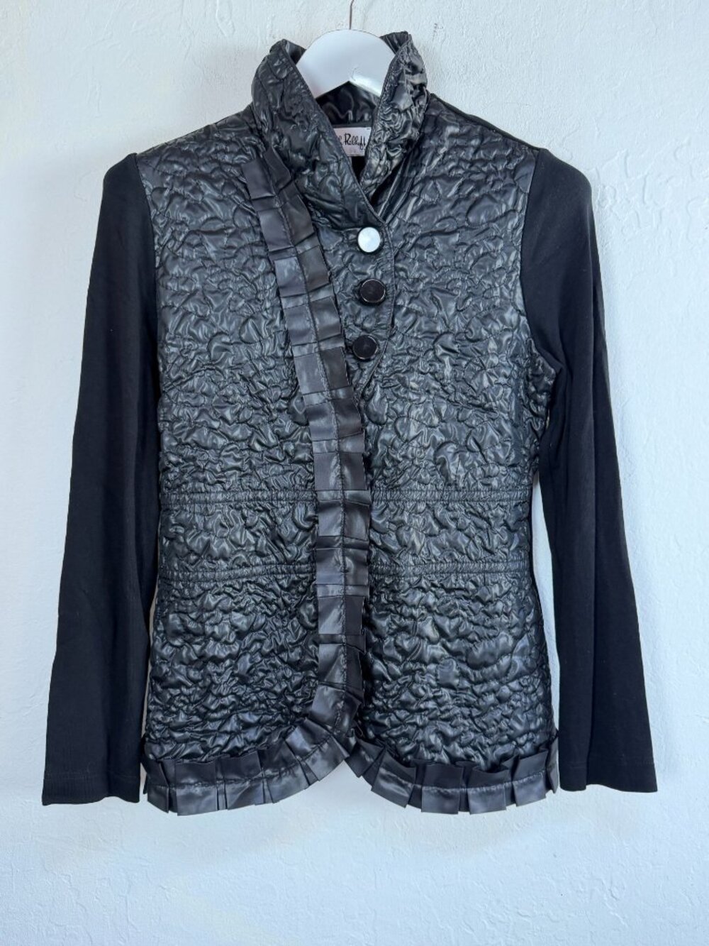 RARE Joseph Ribkoff Womens Black Crinkle Textured Jacket Ruffle Trim 10 Canada